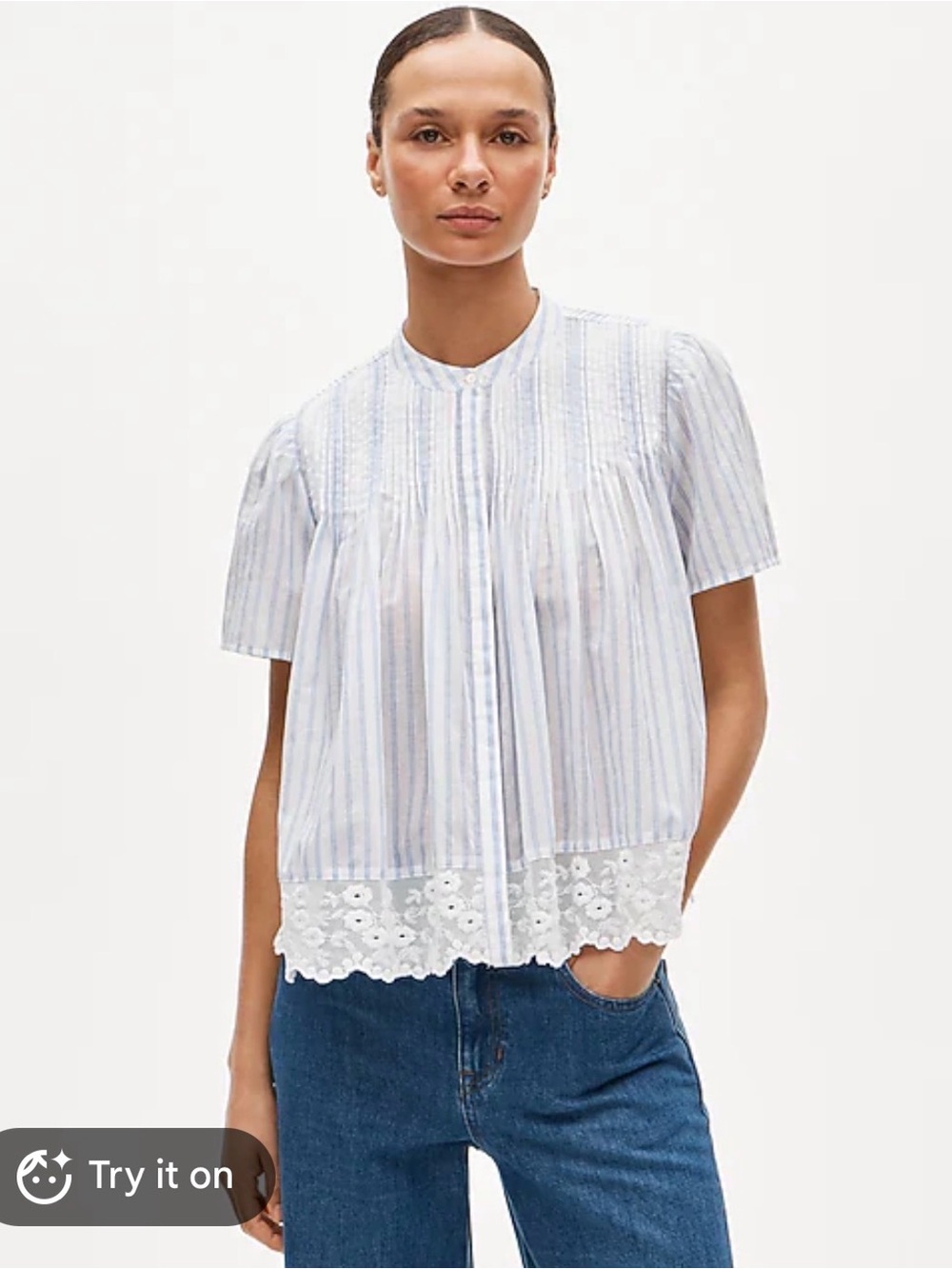 J Crew Light Blue Striped Lace-Hem Short Sleeve Top